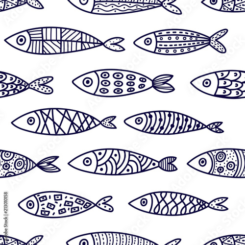 Blue fish. Vector seamless pattern.