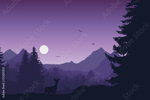 Mountain landscape with forest, deer and doe, under evening sky with moon or sun and flying birds