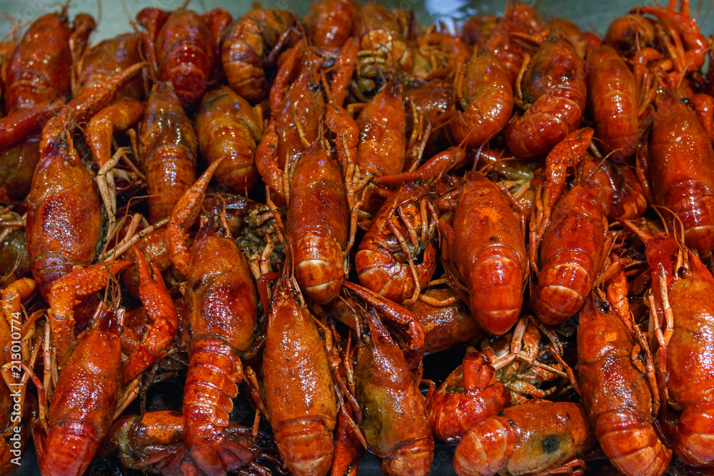 River crayfish on the counter of the Chinese market. River crayfish on the counter of the Chinese market.