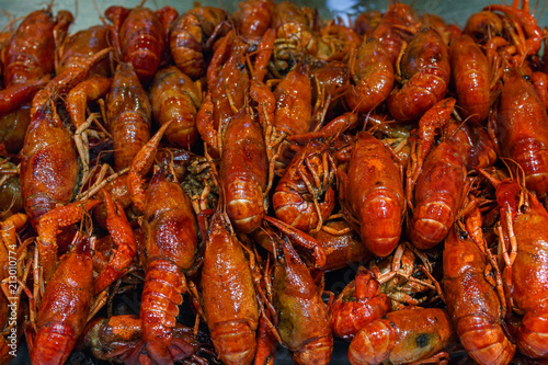 River crayfish on the counter of the Chinese market.