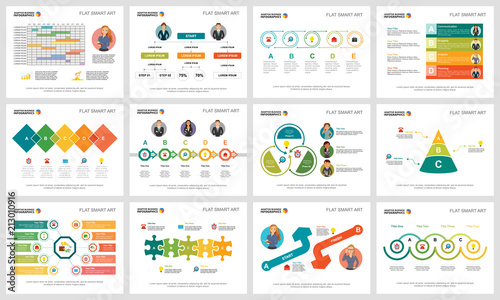Colorful workflow or research concept infographic charts set. Business design elements for presentation slide templates. Can be used for financial report, workflow layout and brochure design.