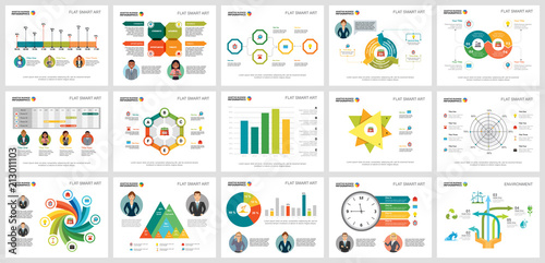Colorful analysis and ecology concept infographic charts set. Business design elements for presentation slide templates. For corporate report, advertising, leaflet layout and poster design.