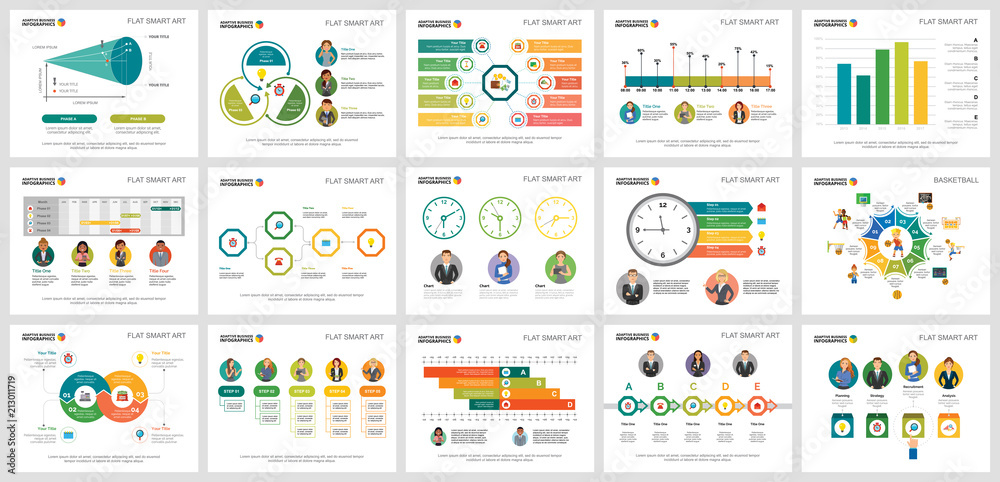 Colorful consulting or workflow concept infographic charts set. Business design elements for presentation slide templates. Can be used for financial report, workflow layout and brochure design.