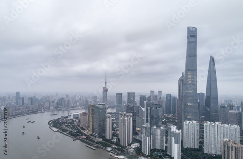 aerial view of skyscrapers in Shanghai city in the morning