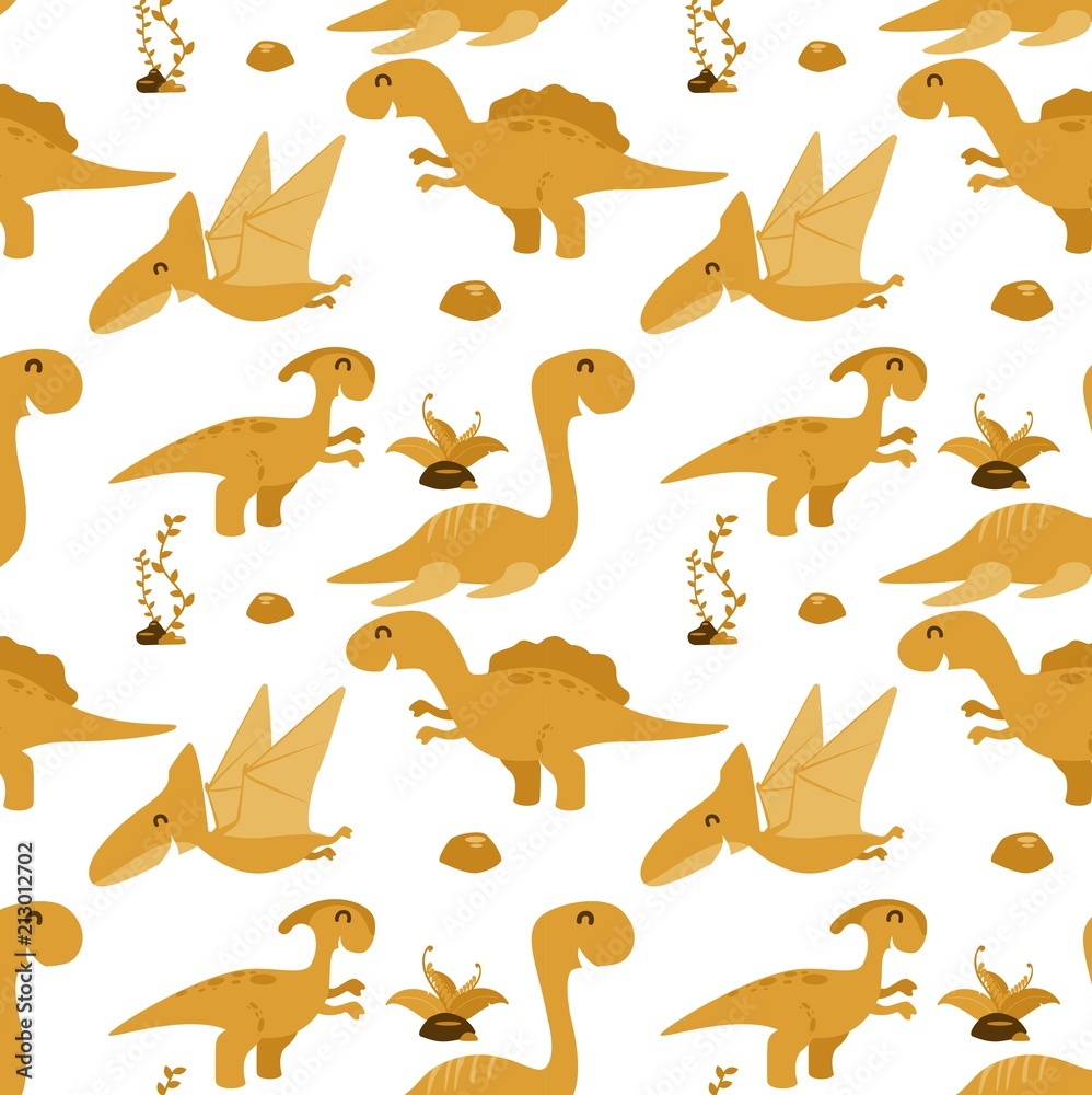 Cute seamless pattern with cartoon dinosaurs