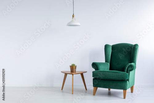 Cozy, emerald green, wing armchair and a cactus on a wooden table in a white living room interior with copy space. Real photo.