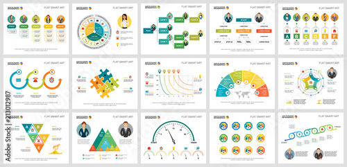 Colorful planning or startup concept infographic charts set. Business design elements for presentation slide templates. For corporate report, advertising, leaflet layout and poster design.