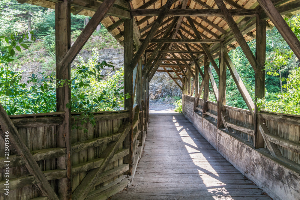 old wooden bridge crossing a narrow gorge in a lush green forest old wooden bridge crossing a narrow gorge in a lush green forest
