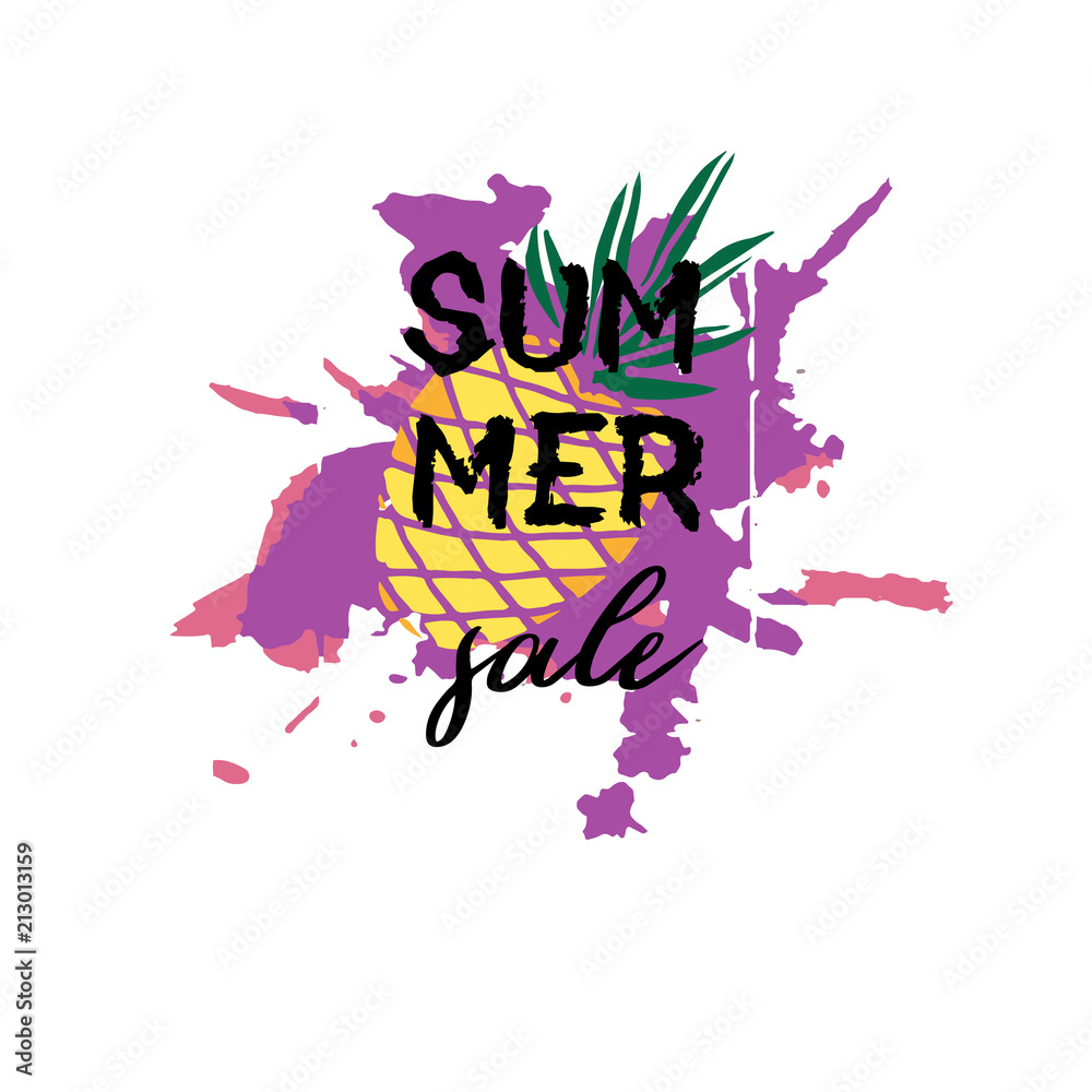 Obraz premium Text Summer sale, discount banners.Juicy pineapplesand citrus with grunge elements, ink drops, abstract background. Vector illustration