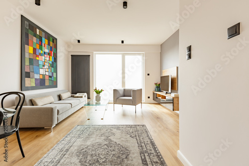 Front view of a modern living room interior with a vintage rug  grey couch and armchair  glass coffee table  window and colorful graphic