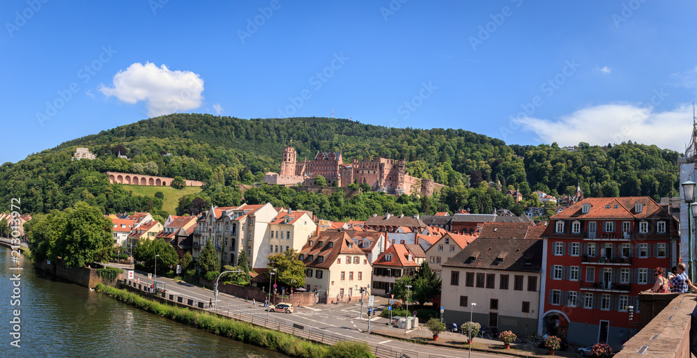 Panorama Blick von der Alten Brücke auf das Heidelberger Schloss, Heidelberg, Baden Württemberg, Deutschland