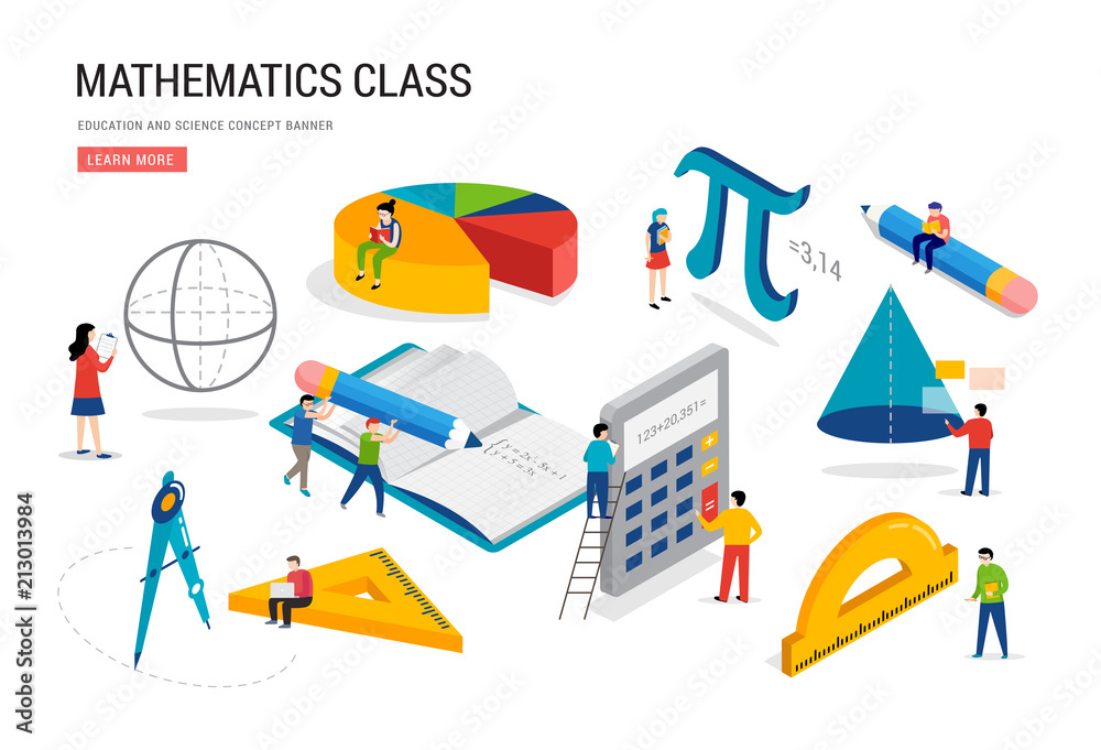 Math lab and school class. Science, education, mathematics scene with miniature people, students. Isometric concept design