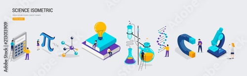 Science lab and school class. Education, mathematics, chemistry scene with miniature people, students. Isometric concept
