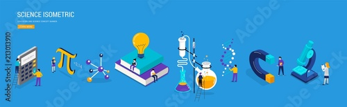 Science lab and school class. Education, mathematics, chemistry scene with miniature people, students. Isometric concept