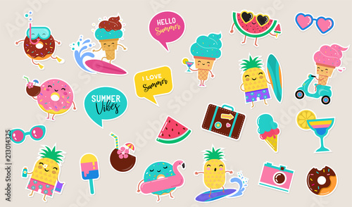 Sweet summer - cute ice cream, watermelon and donuts sticker illustrations, vector design