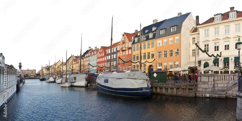 Panoramic view of the Nyhavn during the Christmas holidays with christmas ornament. In Danish it means 
