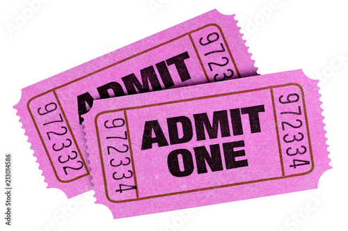 Pink admit one tickets isolated white background