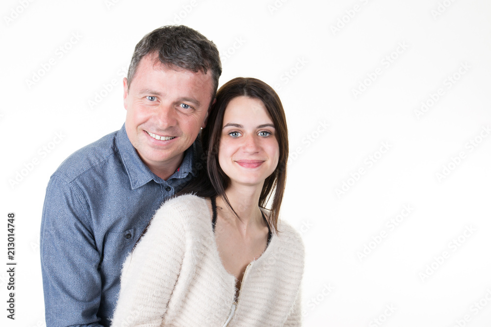 Happy daughter and father couple standing on white background isolated Happy daughter and father couple standing on white background isolated