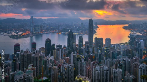 4k timel;aspe day to night sunrise scene of hongkong cityscape view from victoria peak, hongkong photo