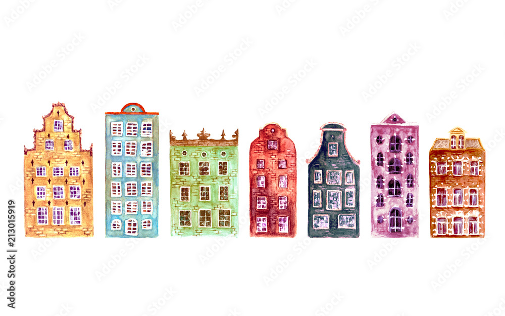 Set of watercolor old europe houses isolated