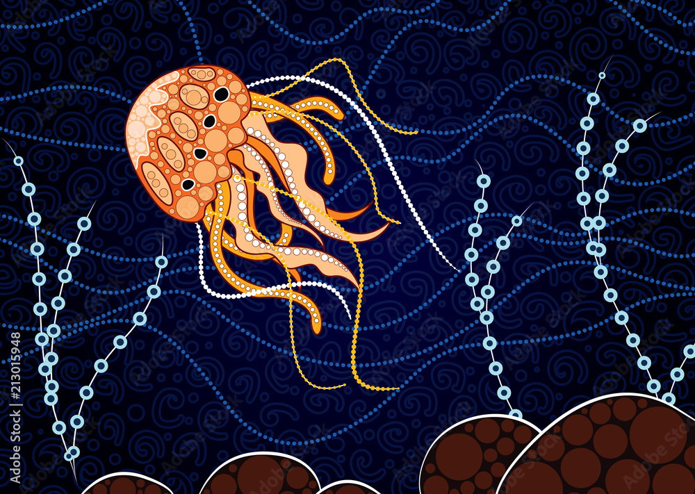 Fototapeta premium Aboriginal art vector background depicting jellyfish. Illustration based on aboriginal style of dot painting.