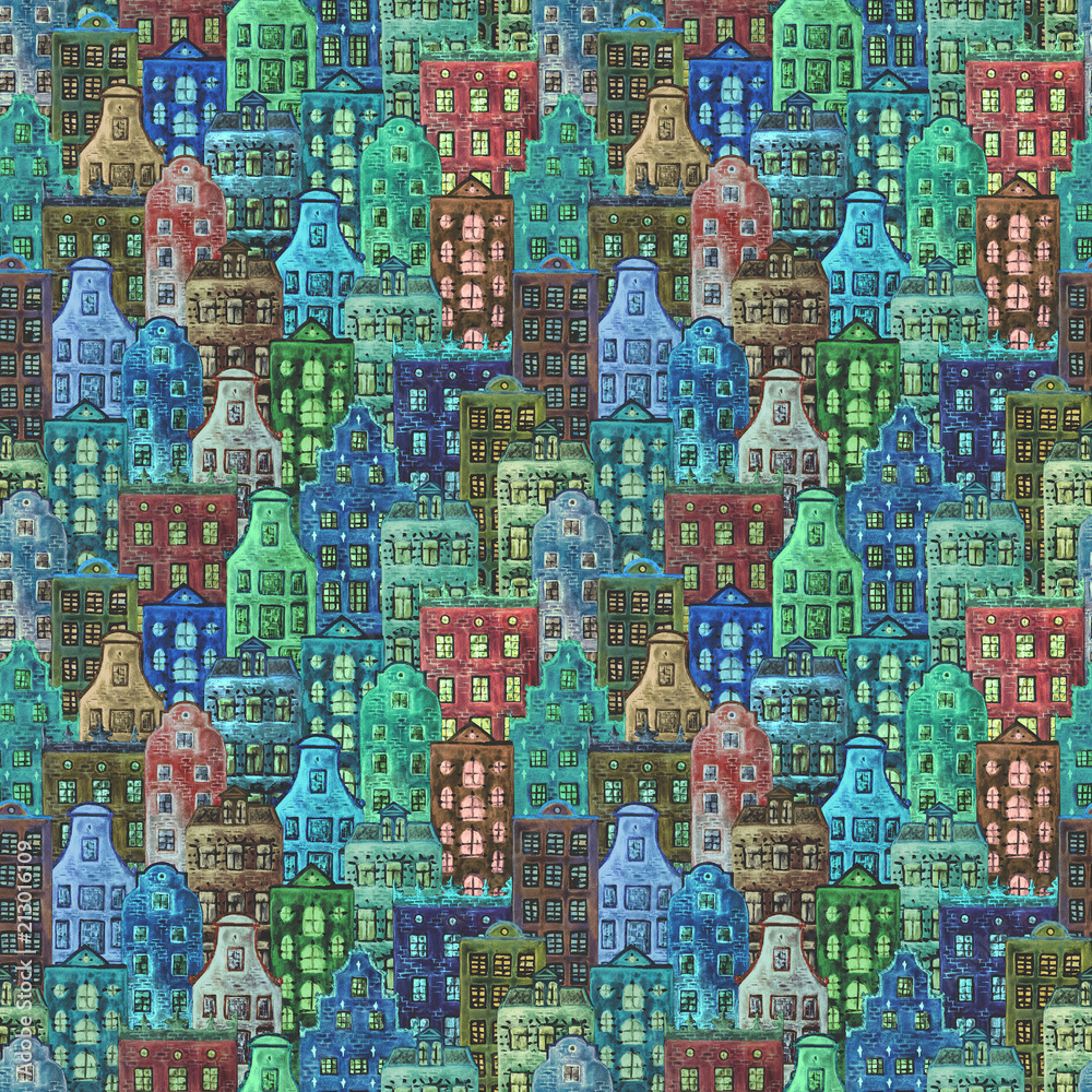 Fototapeta premium Seamless pattern of watercolor old europe houses