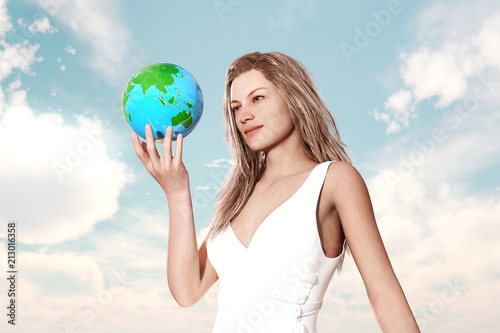 Girl holding world globe in her hands,3d illustration