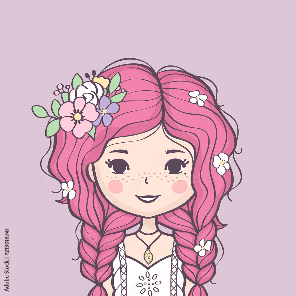 Beautiful cute summer girl with flower in her hair. Fashion girl with braids and flowers. Vector illustration