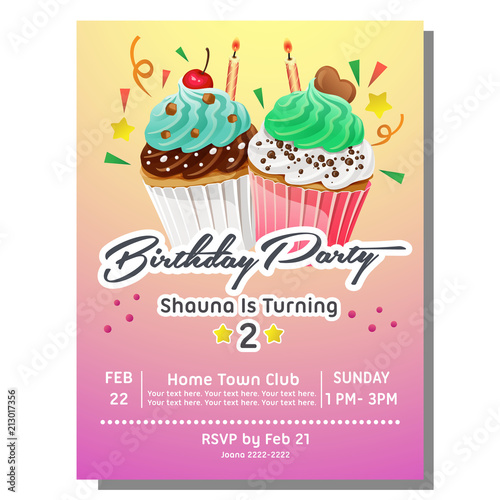 birthday party invitation card with sweet slice muffin cake