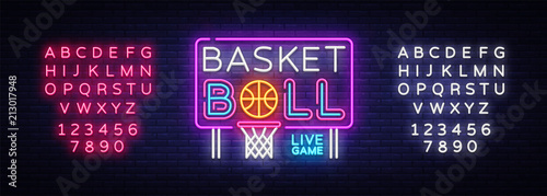 Basketball neon sign vector. Basketball Design template neon sign, light banner, neon signboard, nightly bright advertising, light inscription. Vector illustration. Editing text neon sign