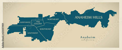 Modern City Map - Anaheim California city of the USA with neighborhoods and titles
