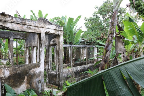 Old ruins of a former plantation building on the tropical island of  S  o Tom   and Pr  ncipe