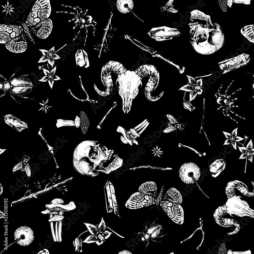 Witchy occult Halloween seamless decorative background - black