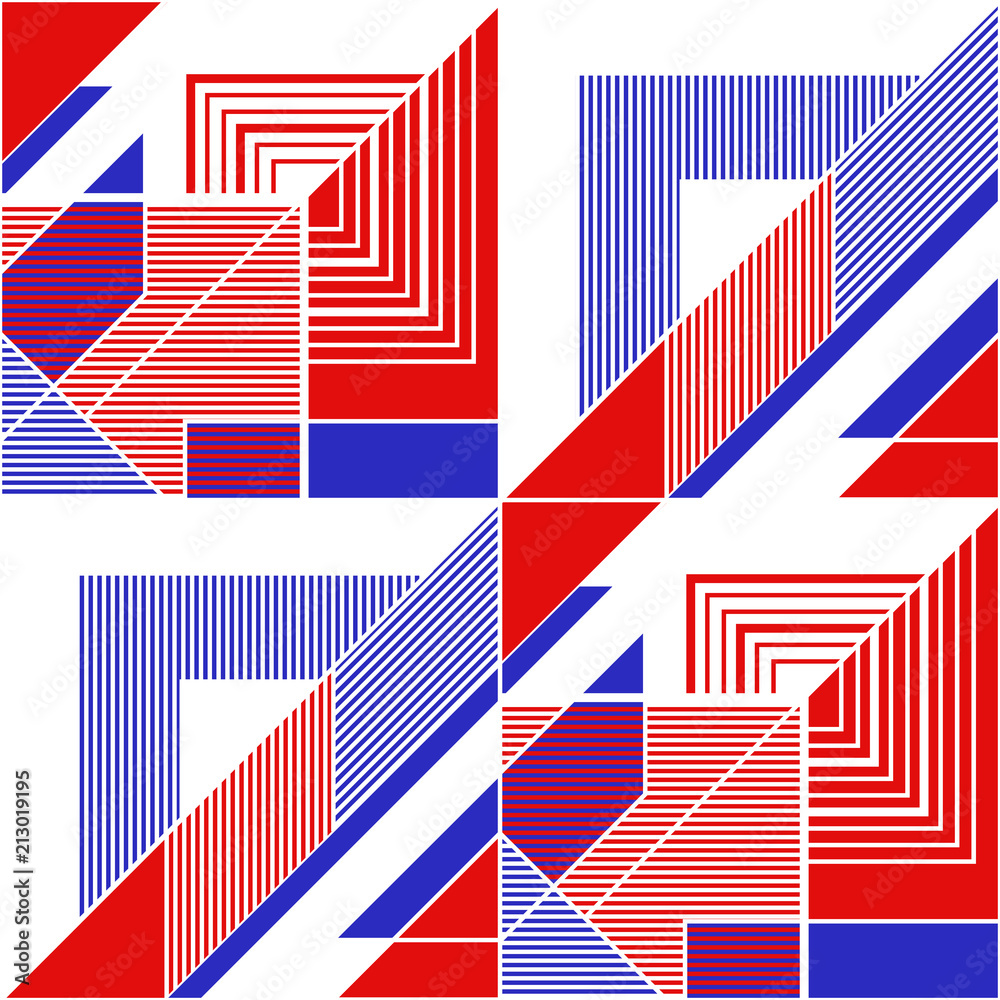 Abstract seamless geometric pattern in blue and red colors. Modular painting with four panels. Background in the abstractionism style. Vector illustration. Abstract seamless geometric pattern in blue and red colors. Modular painting with four panels. Background in the abstractionism style. Vector illustration.