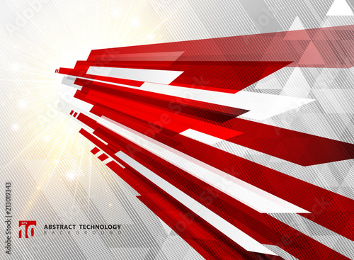 Abstract perspective technology geometric red color shiny motion background and lines texture with lighting burst effect.