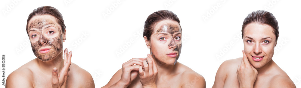 Obraz premium Three combined images of a young brunette woman using black charcoal film face mask - applying, taking off and smiling about the result