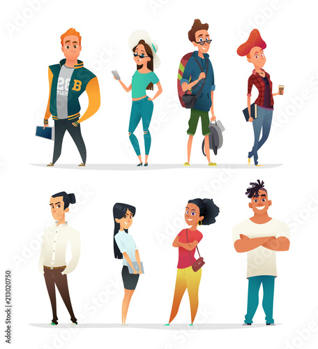 Characters collection of charming young people. Students of different nationalities in cartoon style. Vector designe.