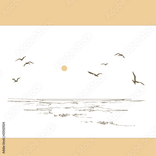
Graphic seascape. Seagulls and waves of the ocean. Dawn and sunset on the beach. Shades of sea water.
