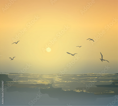   Graphic seascape. Seagulls and waves of the ocean. Dawn and sunset on the beach. Shades of sea water.   © soul_romance