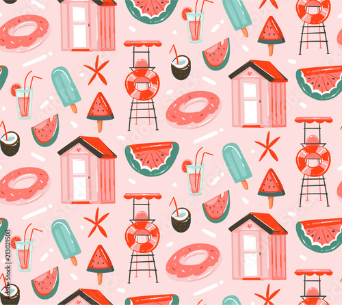 Hand drawn vector abstract graphic cartoon summer time flat illustrations seamless patterns with cocktails,watermelons float and ice cream and beach cabin isolated on pink pastel background