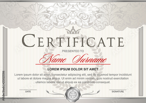 White luxury certificate in the Royal style Vintage, Rococo, Baroque, glamour. With pearlescent glow and silver. Decorated with classic floral ornament, columns, flouris, crown photo