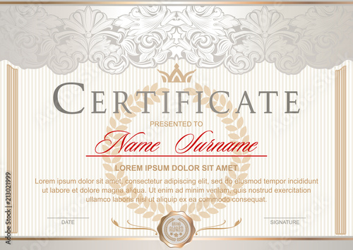 White luxury certificate in the Royal style Vintage, Rococo, Baroque, glamour. With pearlescent glow and gold. Decorated with classic floral ornament, columns, flouris, crown