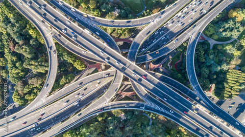 aerial view of highway interchange in sunny day