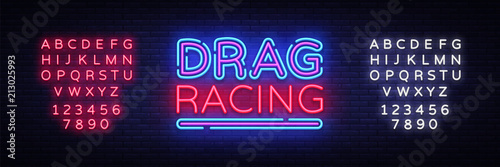 Drag Racing neon sign vector. Racing design template neon sign, light banner, neon signboard, nightly bright advertising, light inscription. Vector illustration. Editing text neon sign