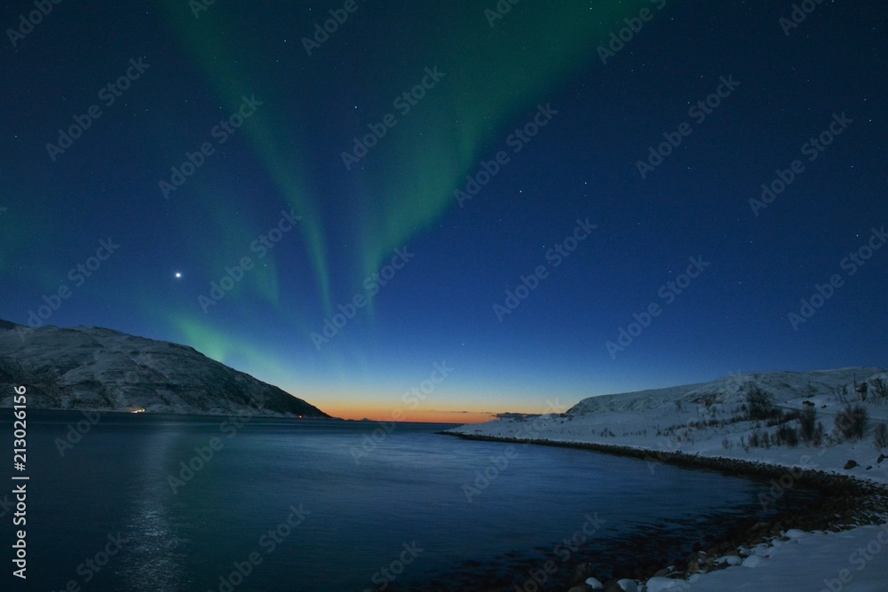 Fototapeta premium The northern lights (Aurora Borealis) over Seljelvnes, Troms by the sea and the snowy mountains