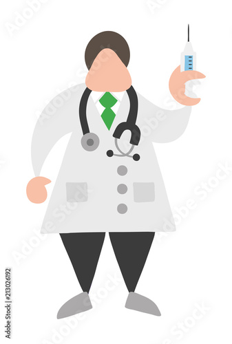 Vector cartoon doctor man with stethoscope and standing, holding syringe ready for injection