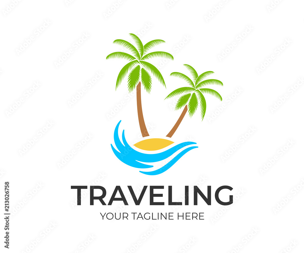 Traveling, travel, beach and palm trees on island with wave, logo template. Journey, recreation and vacation at resort and tropical islands, vector design, nature illustration