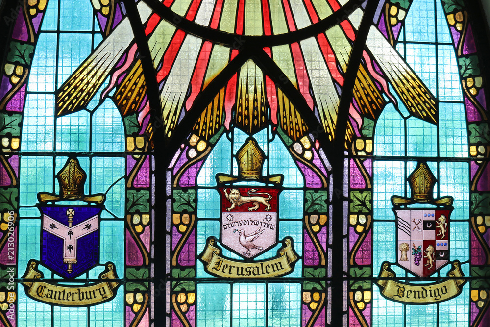 Fototapeta a stained glass window in the entry way of St Paul’s Anglican church in Kyneton