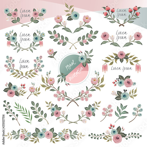 Vector illustration of floral borders collection. A set of beautiful flowers and branches for for Wedding, anniversary, birthday and party. Design for banner, poster, card, invitation and scrapbook