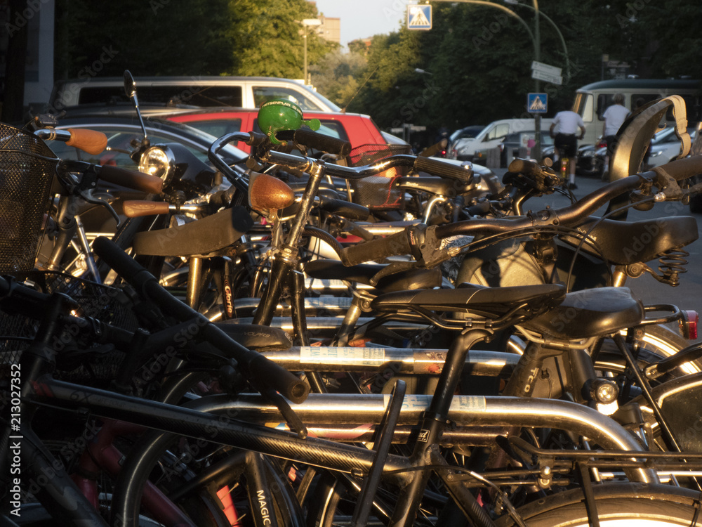 Fototapeta premium Bicycles parked in a row, close up
